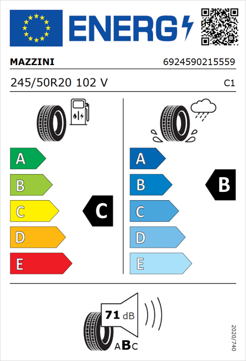 Tyre Label for Mazzini Varenna S01 245/50R20 102V