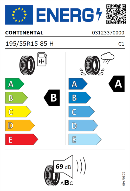Tyre Label for Continental UltraContact 195/55R15 85H