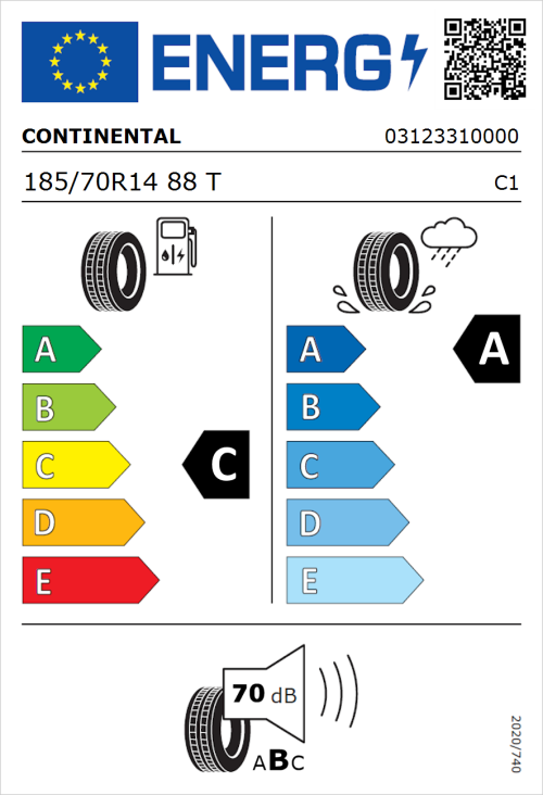 Tyre Label for Continental UltraContact 185/70R14 88T