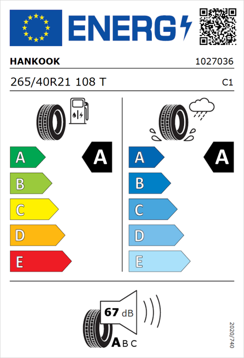 Tyre Label for Hankook Ventus S1 evo3 SUV (K127A) 265/40R21 108T