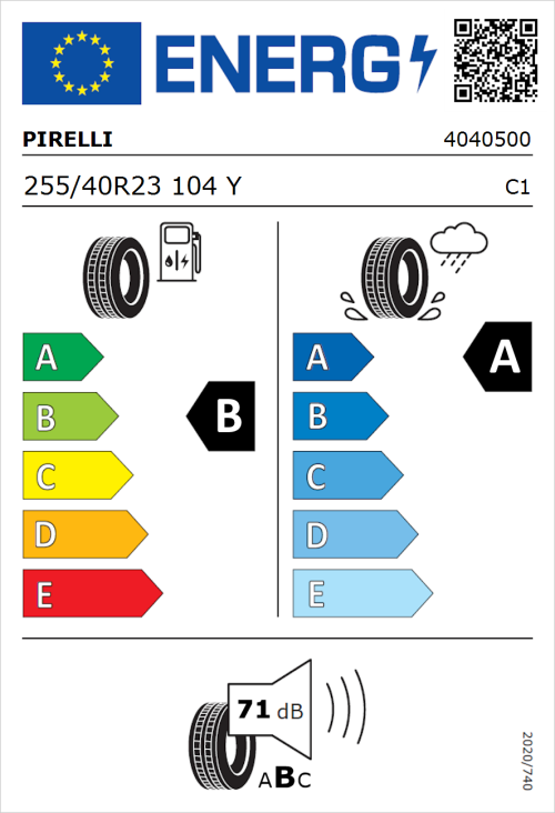 Tyre Label for Pirelli P Zero (PZ4) Sport Car 255/40R23 104Y