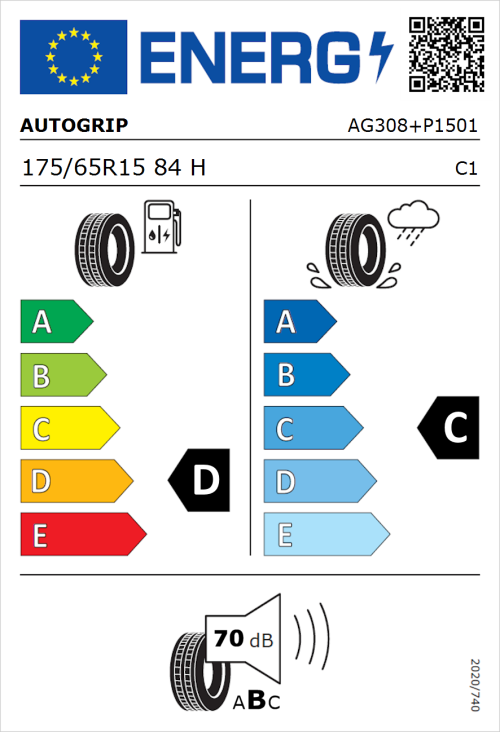 Tyre Label for Autogrip P308 175/65R15 84H