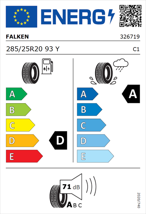 Tyre Label for Falken Azenis FK510 285/25R20 93Y